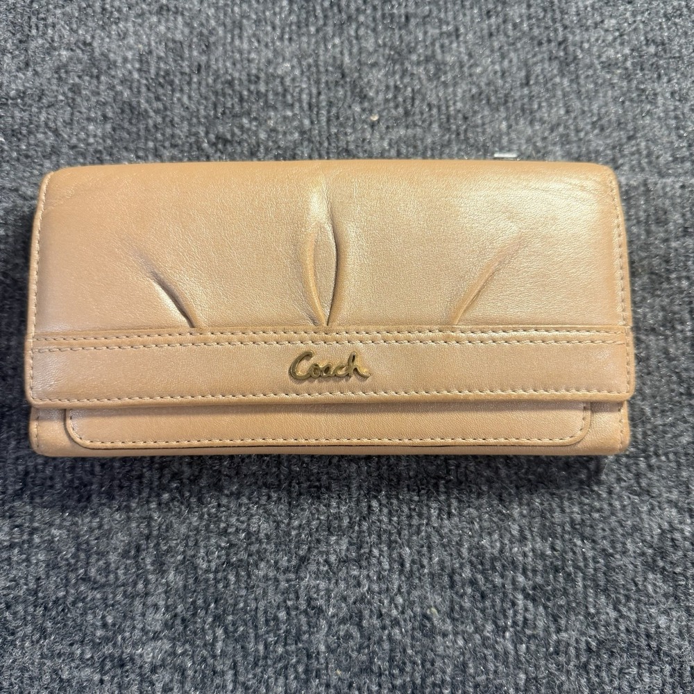 Coach Madison Brown Leather Trifold Wallet Checkbook Snap Purple Lining